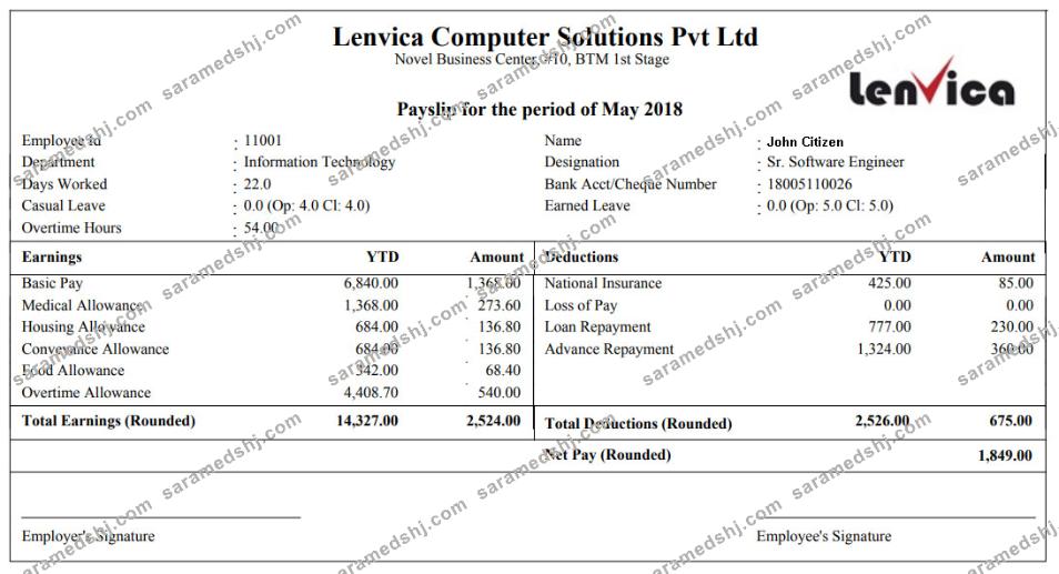 LENVICA computer solutions Pvt Ltd payslip in Word and PDF formats